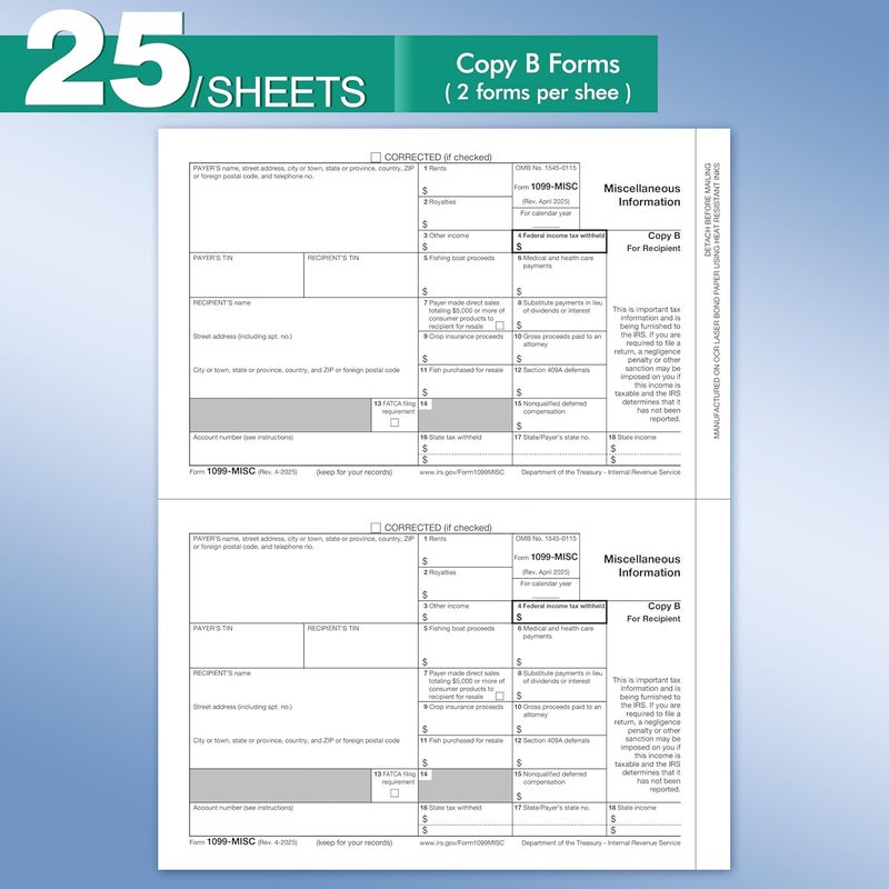 Yeplan 1099 Misc Forms 2025 with Envelopes, 50 2025 1099 Misc Tax Forms, 4 Part, with 50 Self Seal Envelopes with 3 1096 Included - Image 3